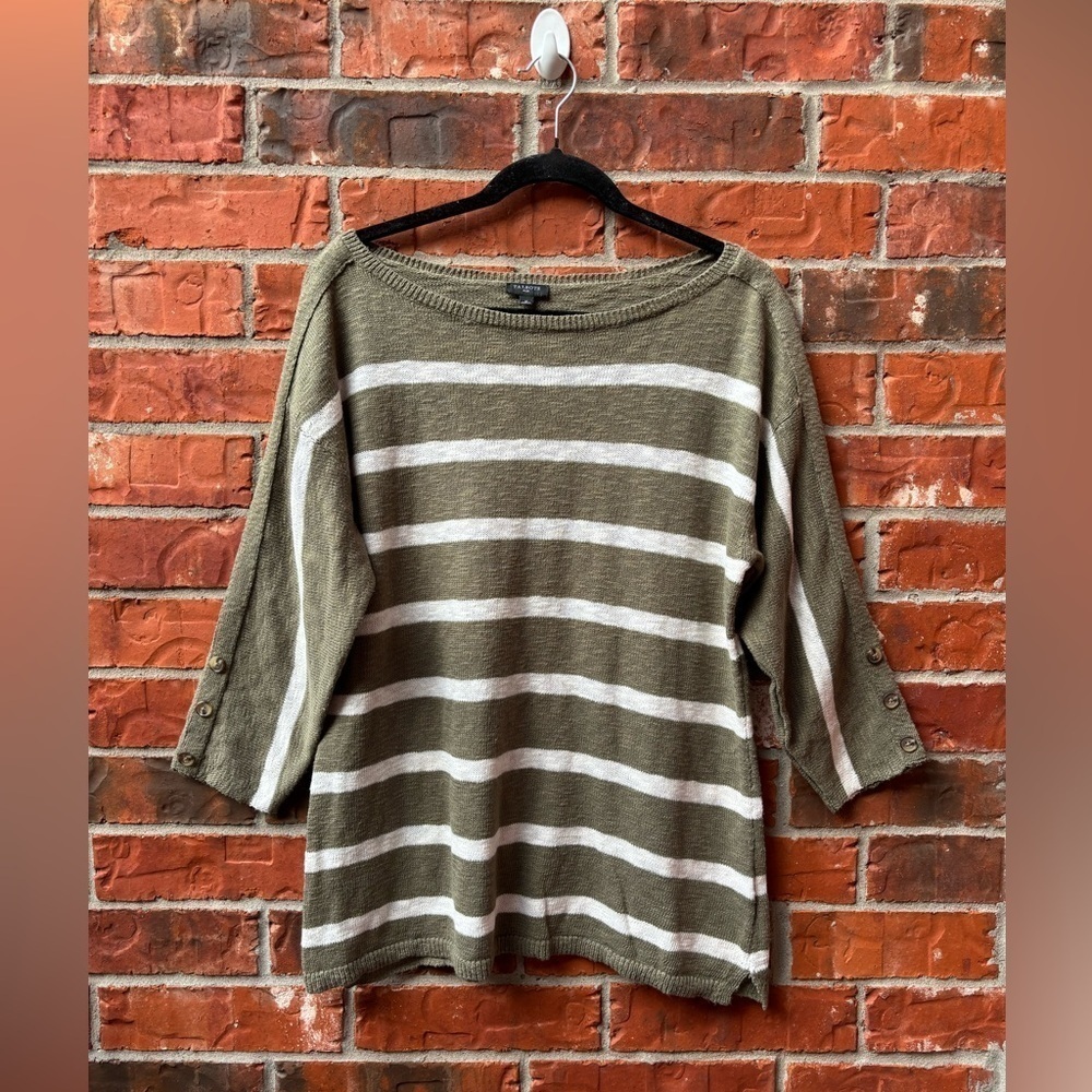 Talbots Womens XL Olive Green Stripe Button 3/4 Sleeve Knit Top Boatneck